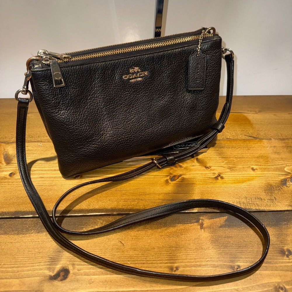 Coach Lyla F38273 Black Pebbled Leather Double Zip Crossbody Bag Gold Hardware